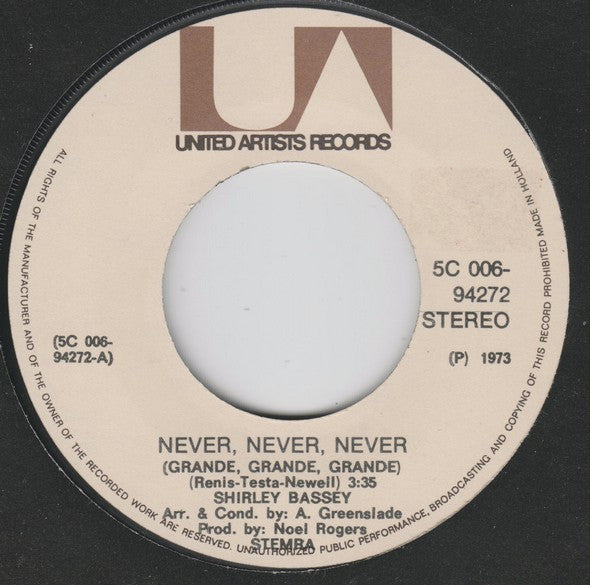 Shirley Bassey : Never, Never, Never  (7", Single)