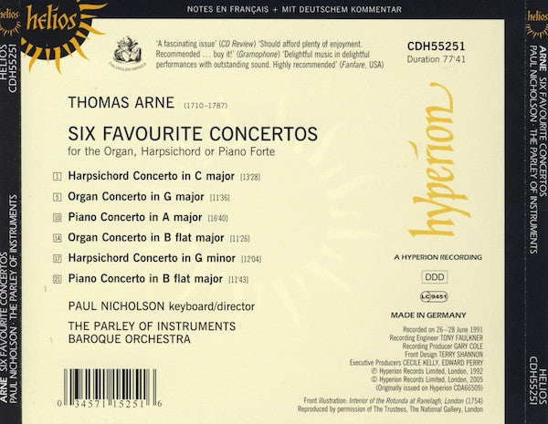 Thomas Arne, Paul Nicholson, The Parley Of Instruments : Six Favourite Concertos (CD, Album, RE)