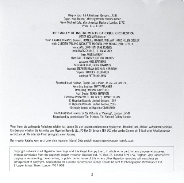 Thomas Arne, Paul Nicholson, The Parley Of Instruments : Six Favourite Concertos (CD, Album, RE)