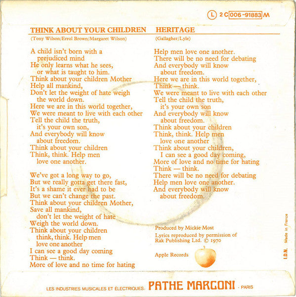 Mary Hopkin : Think About Your Children (7", Single)