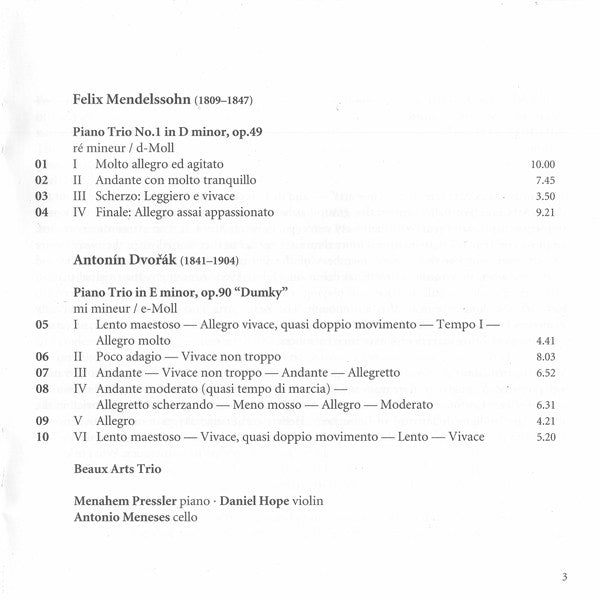 Felix Mendelssohn-Bartholdy · Antonín Dvořák - Beaux Arts Trio : Trio No. 1 · Dumky Trio (CD)