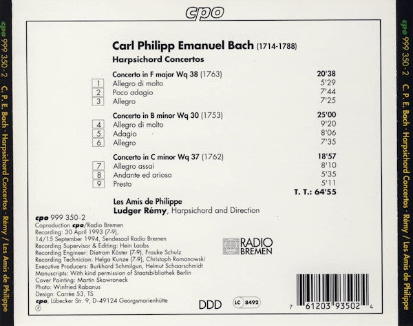 Carl Philipp Emanuel Bach - Les Amis De Philippe, Ludger Rémy : Harpsichord Concertos Wq 30, 37 & 38 (CD, Album)