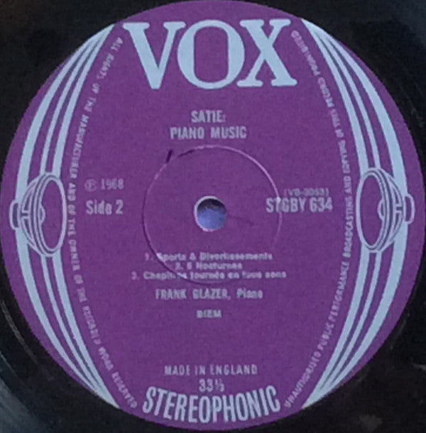 Erik Satie ・ Frank Glazer : Piano Music Volume 2 (LP)