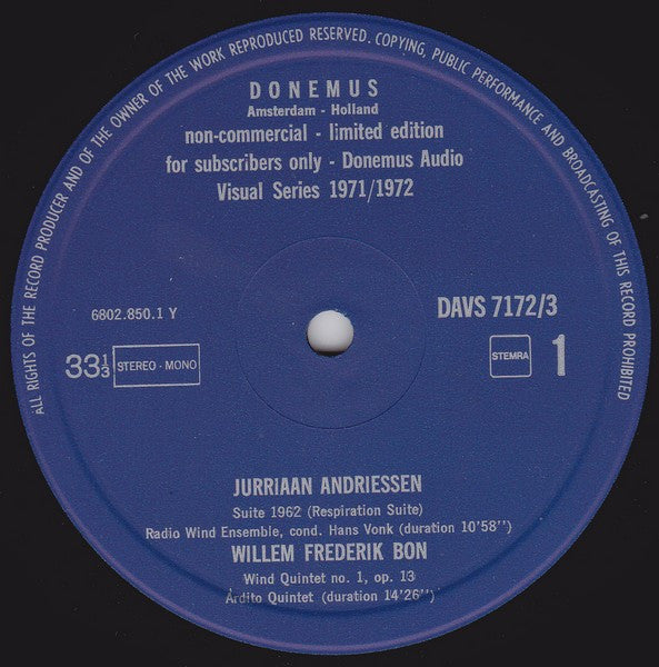 Jurriaan Andriessen / Willem Frederik Bon / Lex van Delden : Suite 1962 (Respiration Suite), For Double Wind Quintet / Wind Quintet No. 1, Op. 13 / Concert Per Flauto Ed Orchestra Opus 85 (LP, Ltd)