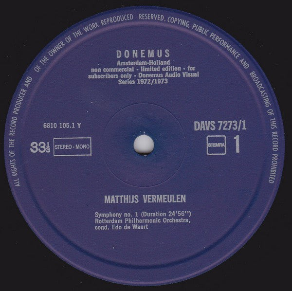 Matthijs Vermeulen / Alphons Diepenbrock : Symphony No. 1 / Die Nacht, Entr'acte Marsyas (LP, Ltd)