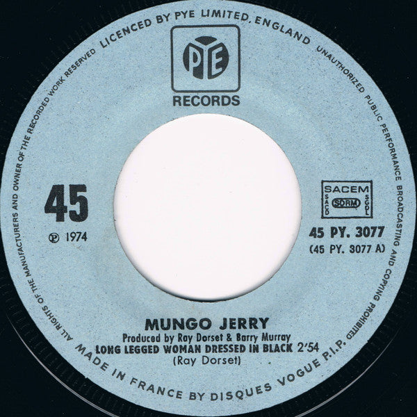 Mungo Jerry : Long Legged Woman Dressed In Black / Gonna Bop 'Til I Drop (7", Single, Mono)