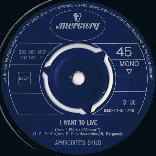Aphrodite's Child : I Want To Live (7", Single, Mono)