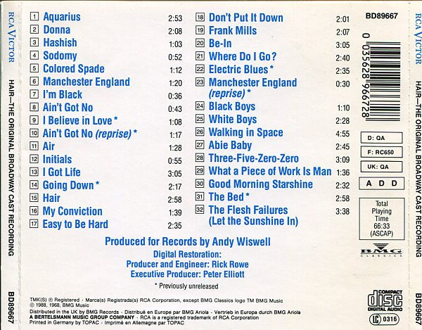 Various : Hair - The Original Broadway Cast Recording (CD, Album)