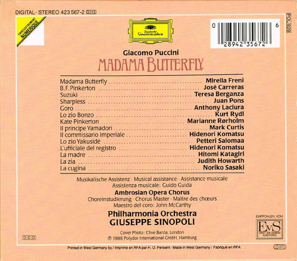 Giacomo Puccini, Giuseppe Sinopoli, Mirella Freni, José Carreras, Teresa Berganza, Juan Pons, The Ambrosian Opera Chorus & Philharmonia Orchestra : Madama Butterfly (3xCD)