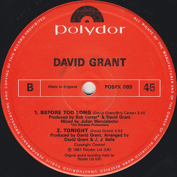 David Grant : Before Too Long (Sooncome Mix) (12")