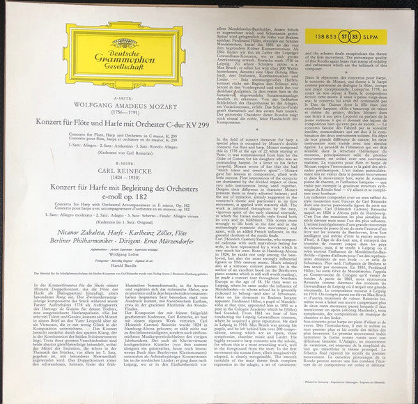 Wolfgang Amadeus Mozart / Carl Reinecke - Karlheinz Zöller • Nicanor Zabaleta • Berliner Philharmoniker • Ernst Märzendorfer : Konzert Für Flöte Und Harfe • Konzert Für Harfe (LP)