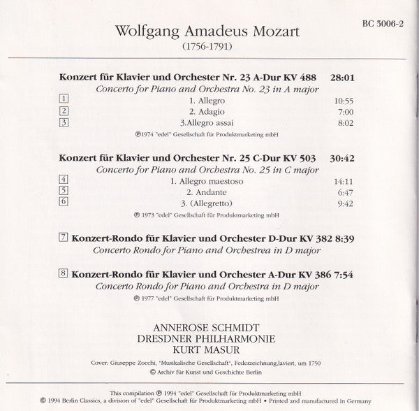 Wolfgang Amadeus Mozart - Annerose Schmidt, Dresdner Philharmonie, Kurt Masur : Die Klavierkonzerte Vol. I / The Piano Concertos Vol. I Nos. 23 & 25 (CD, Comp)