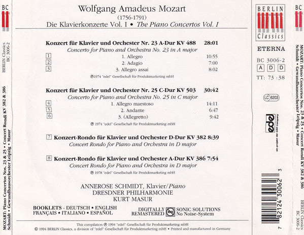 Wolfgang Amadeus Mozart - Annerose Schmidt, Dresdner Philharmonie, Kurt Masur : Die Klavierkonzerte Vol. I / The Piano Concertos Vol. I Nos. 23 & 25 (CD, Comp)