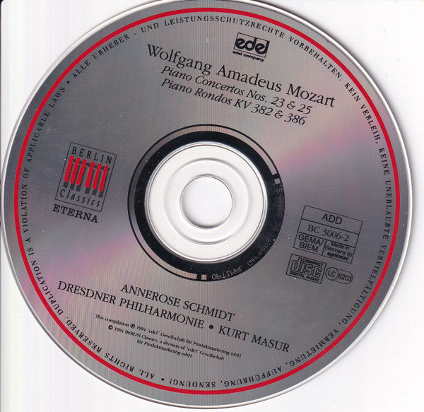 Wolfgang Amadeus Mozart - Annerose Schmidt, Dresdner Philharmonie, Kurt Masur : Die Klavierkonzerte Vol. I / The Piano Concertos Vol. I Nos. 23 & 25 (CD, Comp)