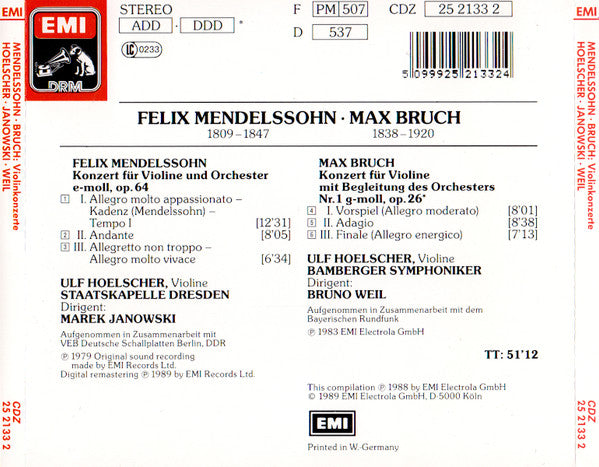 Felix Mendelssohn-Bartholdy • Max Bruch, Ulf Hoelscher · Staatskapelle Dresden · Bamberger Symphoniker · Marek Janowski · Bruno Weil : Violinkonzerte (CD, Comp)