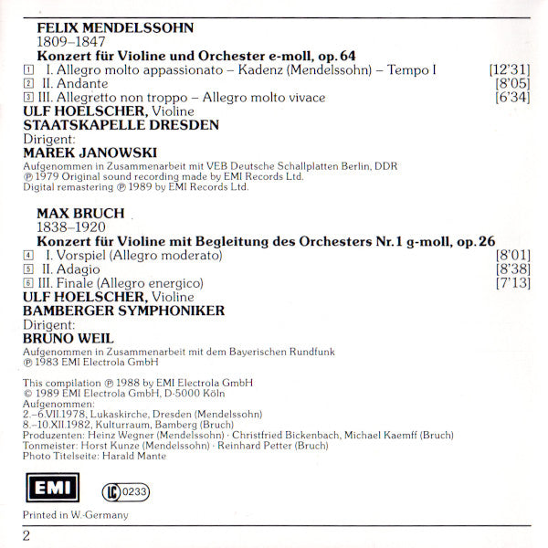 Felix Mendelssohn-Bartholdy • Max Bruch, Ulf Hoelscher · Staatskapelle Dresden · Bamberger Symphoniker · Marek Janowski · Bruno Weil : Violinkonzerte (CD, Comp)