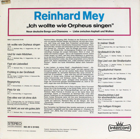 Reinhard Mey : Ich Wollte Wie Orpheus Singen (LP, Album)