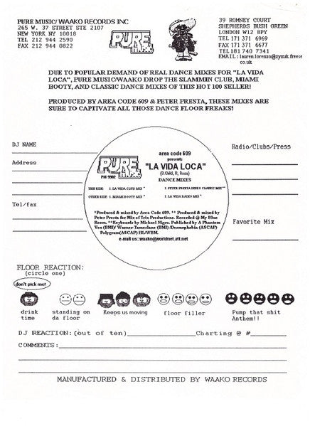 Area Code 609 : La Vida Loca (Dance Mixes) (12", Single, W/Lbl)