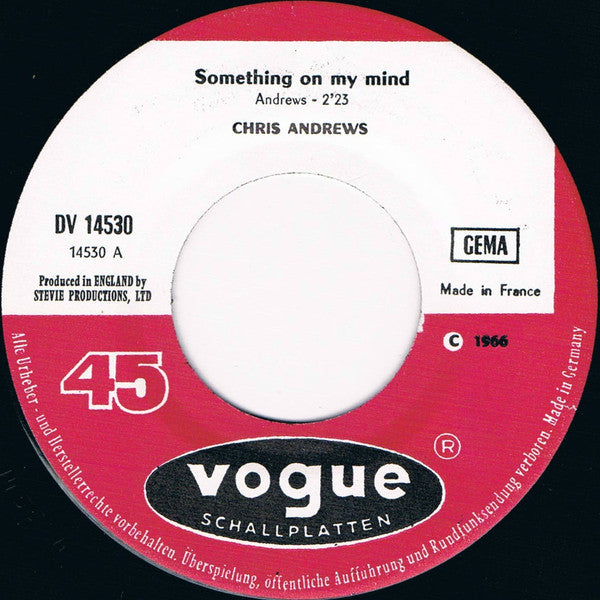 Chris Andrews (3) : Something On My Mind / Lady Oh Lady (7", Single, Mono)