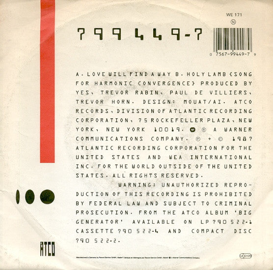 Yes : Love Will Find A Way (7", Single)