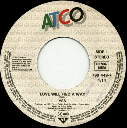 Yes : Love Will Find A Way (7", Single)