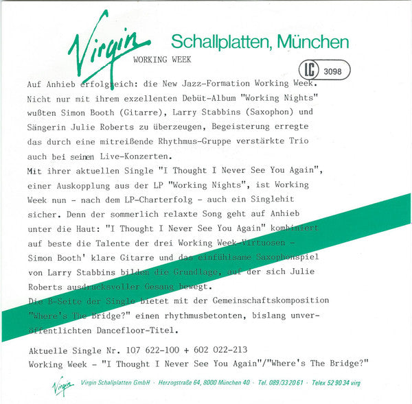 Working Week : I Thought I'd Never See You Again (7", Single)