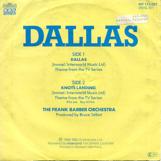 The Frank Barber Orchestra : Dallas (7", Single, RE)