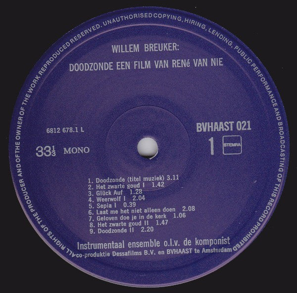 Willem Breuker : Doodzonde (Een Film Van René Van Nie) (LP, Mono)