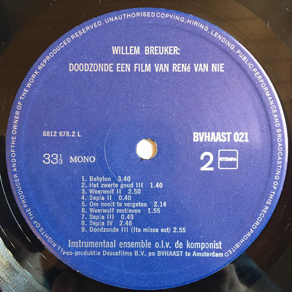 Willem Breuker : Doodzonde (Een Film Van René Van Nie) (LP, Mono)
