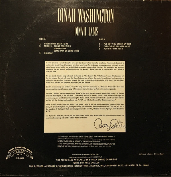 Dinah Washington : Dinah Jams (LP, Album, Mono, RE)