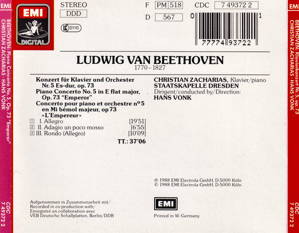 Ludwig van Beethoven, Christian Zacharias, Staatskapelle Dresden, Hans Vonk : Klavierkonzert = Piano Concerto = Concerto Pour Piano No. 5 Op. 73 (CD)