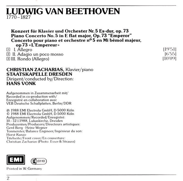 Ludwig van Beethoven, Christian Zacharias, Staatskapelle Dresden, Hans Vonk : Klavierkonzert = Piano Concerto = Concerto Pour Piano No. 5 Op. 73 (CD)
