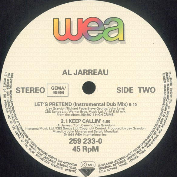 Al Jarreau : Let's Pretend (Special US Dance Mix Plus Instrumental Dub Mix) / I Keep Callin' (12")