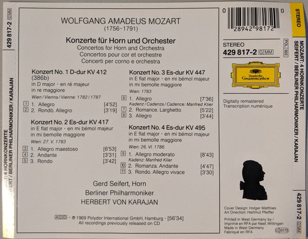 Wolfgang Amadeus Mozart, Berliner Philharmoniker, Gerd Seifert, Herbert Von Karajan : 4 Hornkonzerte (CD, Album)