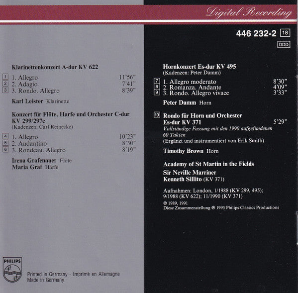 Wolfgang Amadeus Mozart  -  The Academy Of St. Martin-in-the-Fields, Sir Neville Marriner : Bläserkonzerte - Klarinettenkonzert • Hornkonzert • Konzert Für Flöte Und Harfe (CD)