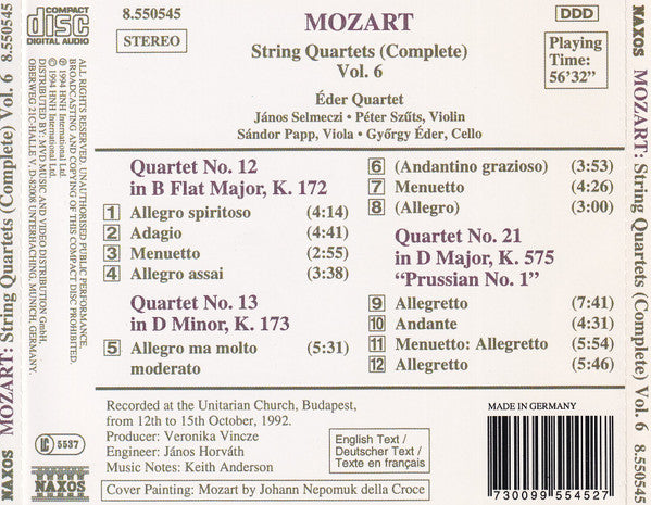 Wolfgang Amadeus Mozart  -  Éder Quartet : String Quartets (Complete) Vol. 6: K. 172 • K. 173 • K. 575 "Prussian No 1." (CD, Album)