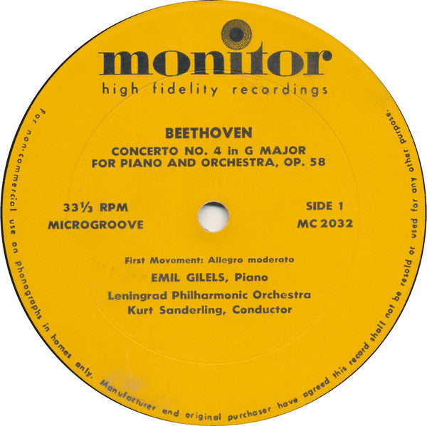 Ludwig van Beethoven, Emil Gilels, Domenico Scarlatti, Kurt Sanderling, Leningrad Philharmonic Orchestra : Emil Gilels, Plays The Beethoven Piano Concert No. 4 In G; Scarlatti: Two Sonatas.  Kurt Sanderling Conducting The Leningrad Philharmonic (LP, Mono)