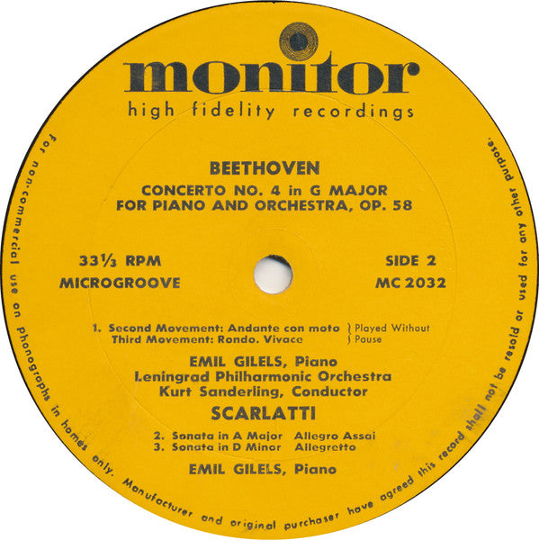 Ludwig van Beethoven, Emil Gilels, Domenico Scarlatti, Kurt Sanderling, Leningrad Philharmonic Orchestra : Emil Gilels, Plays The Beethoven Piano Concert No. 4 In G; Scarlatti: Two Sonatas.  Kurt Sanderling Conducting The Leningrad Philharmonic (LP, Mono)