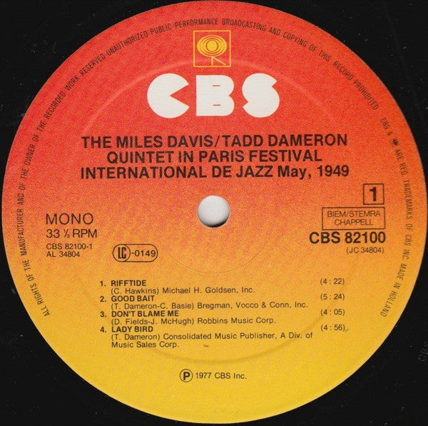The Miles Davis/Tadd Dameron Quintet* : In Paris Festival International De Jazz - May, 1949 (LP, Album, Mono)