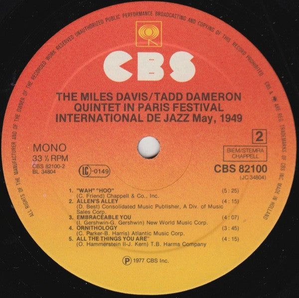 The Miles Davis/Tadd Dameron Quintet* : In Paris Festival International De Jazz - May, 1949 (LP, Album, Mono)