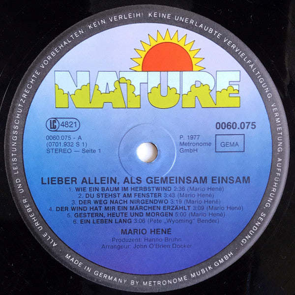Mario Hené : Lieber Allein, Als Gemeinsam Einsam (LP, Album)