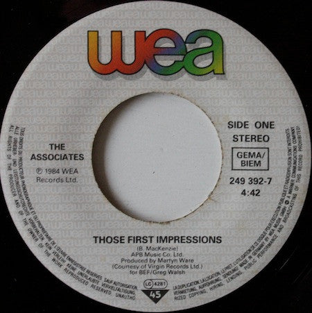 The Associates : Those First Impressions (7", Single)