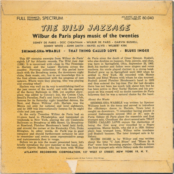 Wilbur De Paris : The Wild Jazz Age - Wilbur De Paris Plays Music Of The 20's (7", EP)