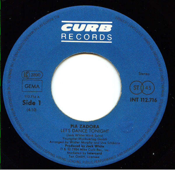 Pia Zadora : Let's Dance Tonight (7", Single)