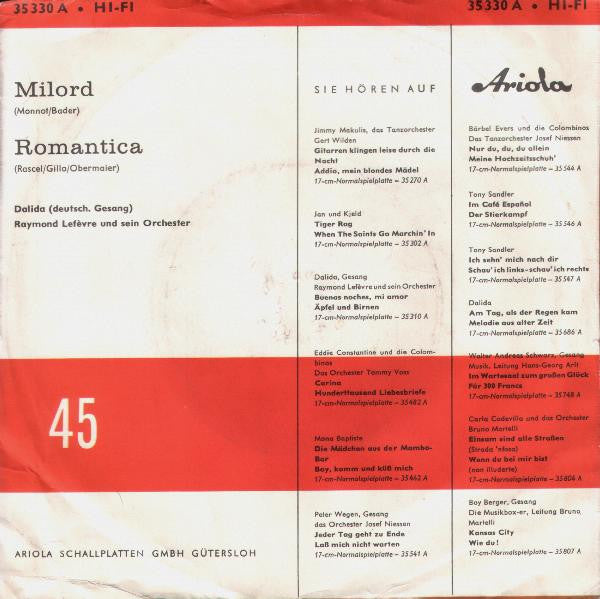 Dalida : Milord / Romantica (7", Single, Mono)