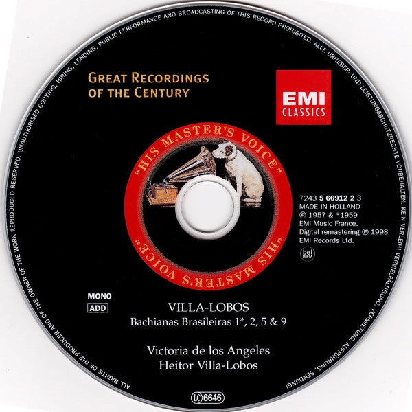 Heitor Villa-Lobos : Victoria De Los Angeles, Heitor Villa-Lobos, Orchestre National De France : Bachianas Brasileiras Nos. 1, 2, 5 & 9 (CD, Comp, Mono, RM)