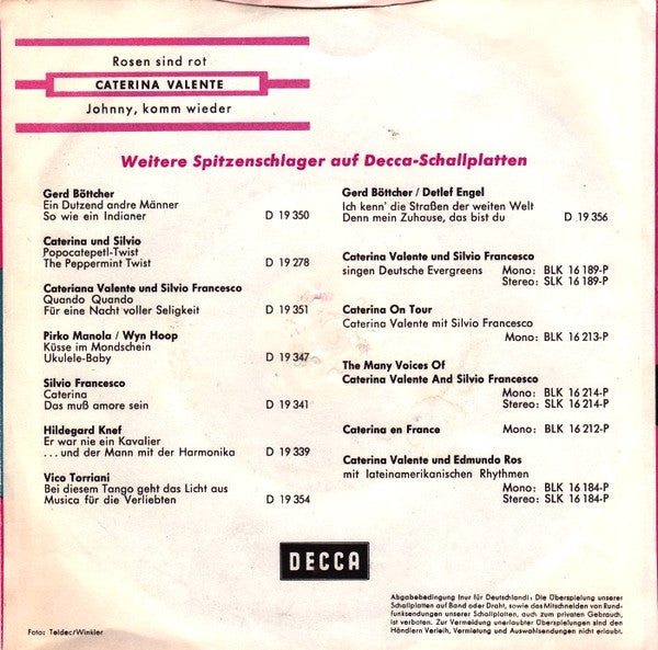 Caterina Valente : Rosen Sind Rot (Roses Are Red) (7", Single, Mono, RE)
