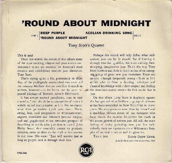 The Tony Scott Quartet : The Touch Of Tony Scott ('Round About Midnight) (7", EP, Top)