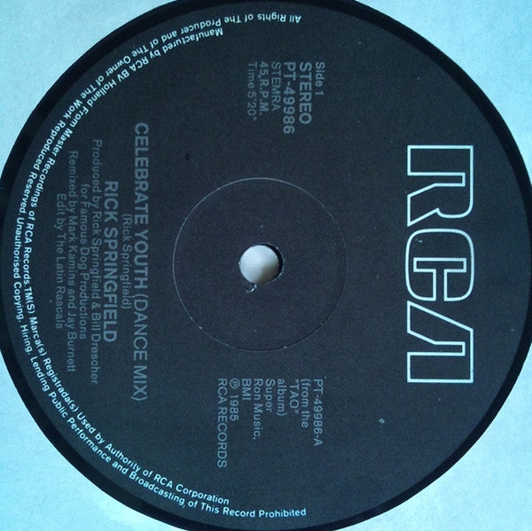 Rick Springfield : Celebrate Youth (Special Extended Dance Mix) (12")