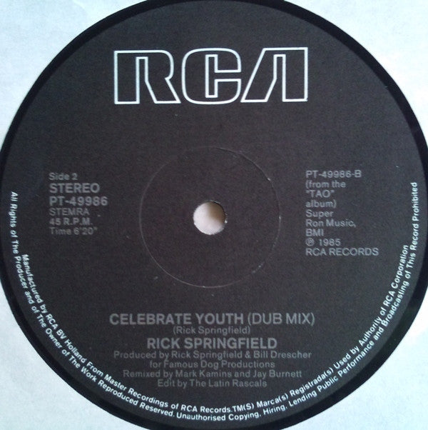 Rick Springfield : Celebrate Youth (Special Extended Dance Mix) (12")